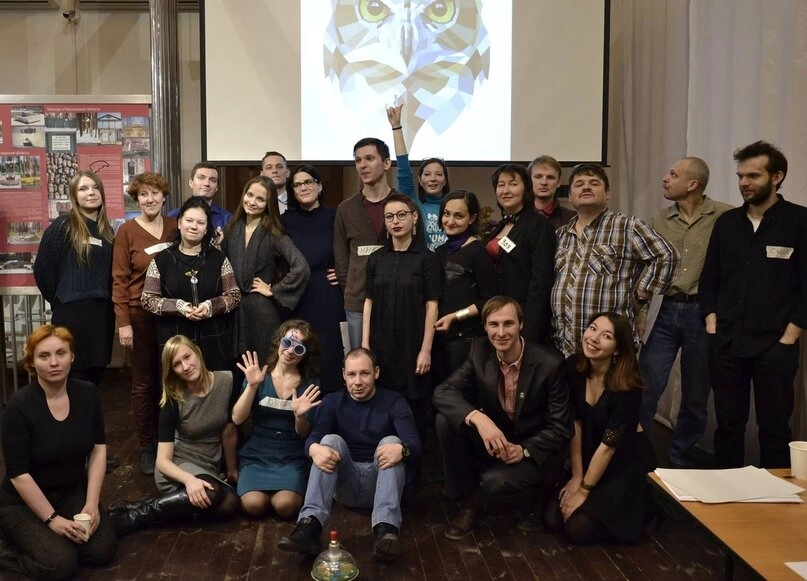 2019 photo of activists from the Moscow Open School of Human Rights. “Ivan Zhikharev” is seated front and center, grabbing his knees.