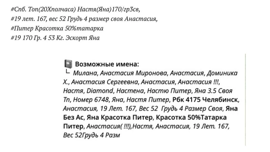 How Anastasia I. is saved in other people's contact lists: “Breast Size 4 Natural,” “Yana Beauty St. Petersburg.”