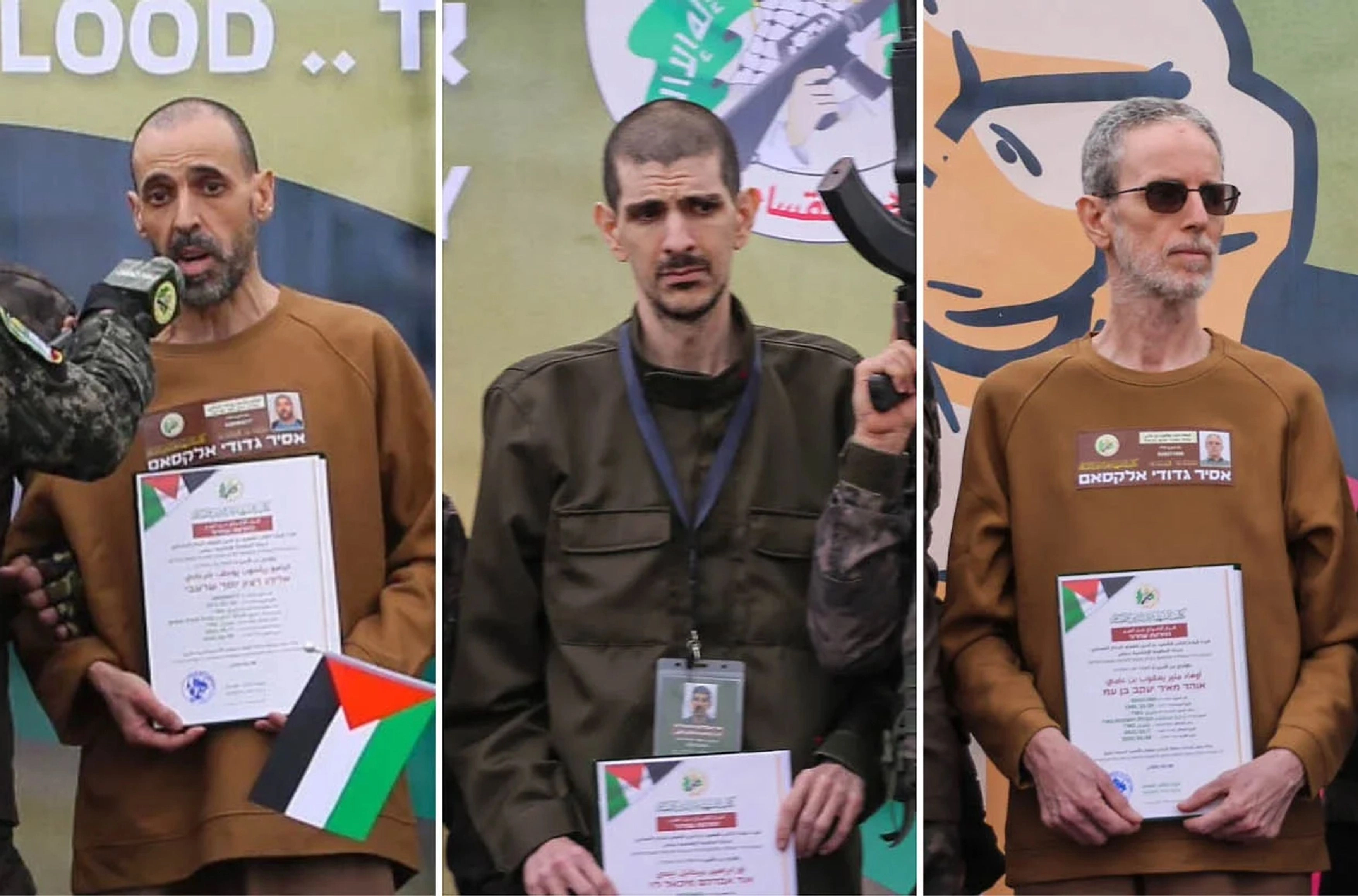 Eli Sharabi (52), Or Levy (34), and Ohad Ben-Ami (56) were released on Feb. 8. Levy's wife was killed during the Hamas attack. Sharabi's wife and daughters also perished, and his brother died in captivity. Hatem Khaled/Reuters