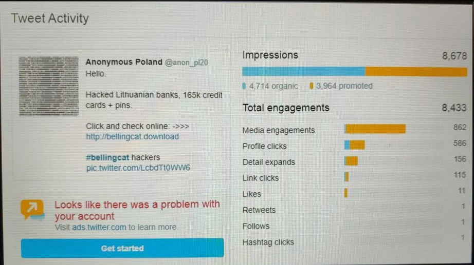 Screengrab of one of the false Anonymous Poland accounts dashboard showing the reach of the Bellingcat smear campaign. Found in the disused burner email used for reporting by Unit 29155