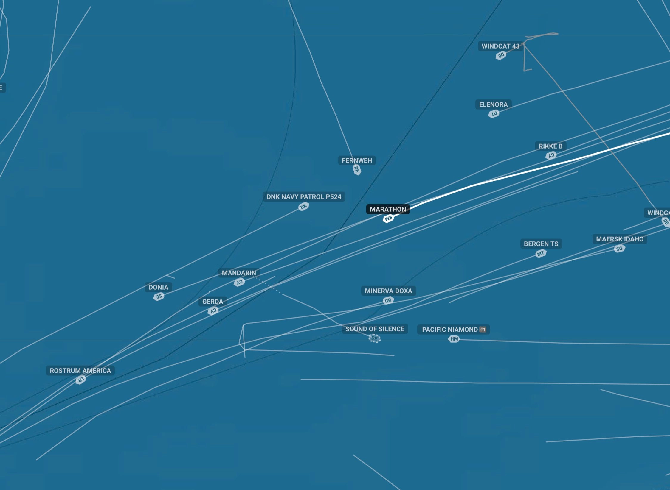 The Marathon tanker and the approaching Danish Navy patrol boat (designated DNK NAVY PATROL P524 on the above map)