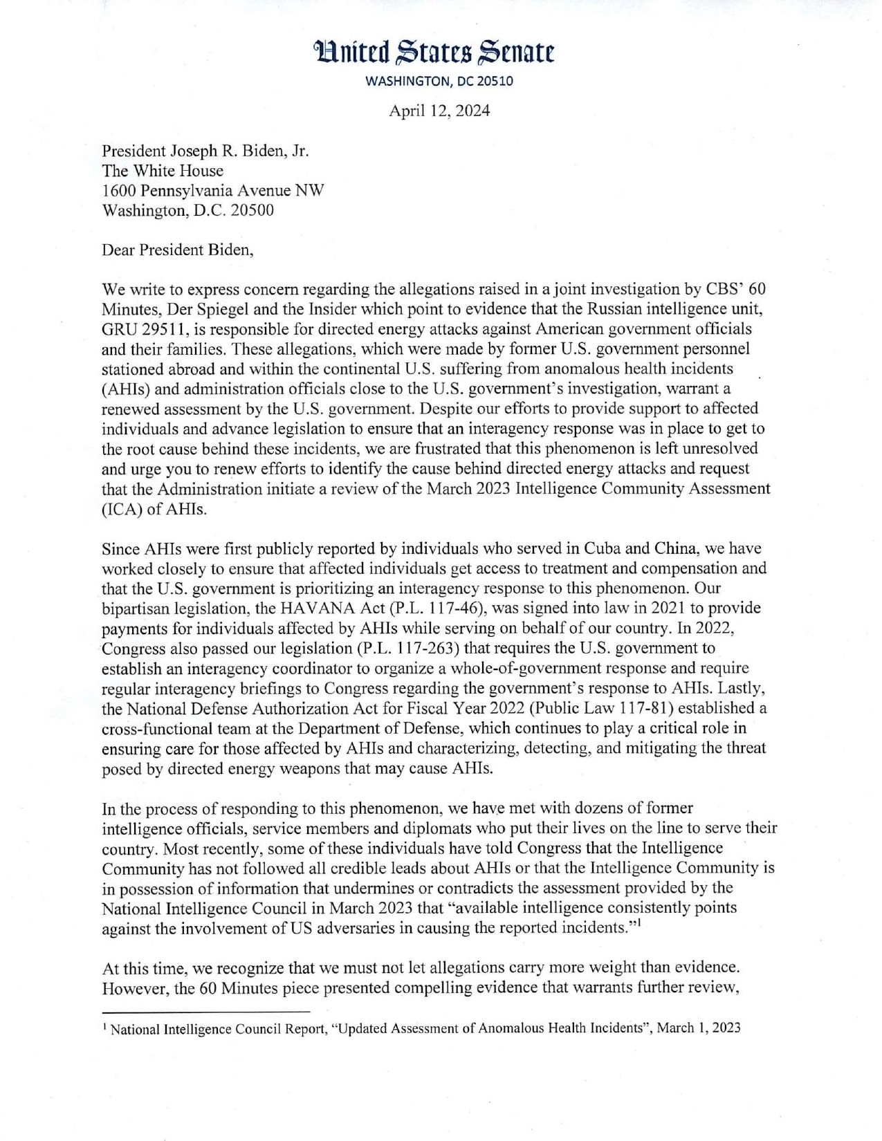 A copy of the letter sent by a group of senators to U.S. President Joe Biden on April 12, 2024