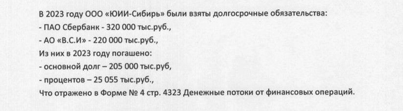 A screenshot from the notes to YUII-Sibir’s financial statements, indicating loans from Sberbank and VCI JSC.