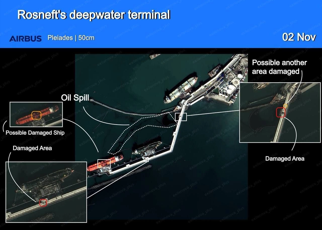 A satellite image taken after the attack on the port of Tuapse shows two damaged pipelines, fire damage on one tanker and traces of an oil spill in the sea.