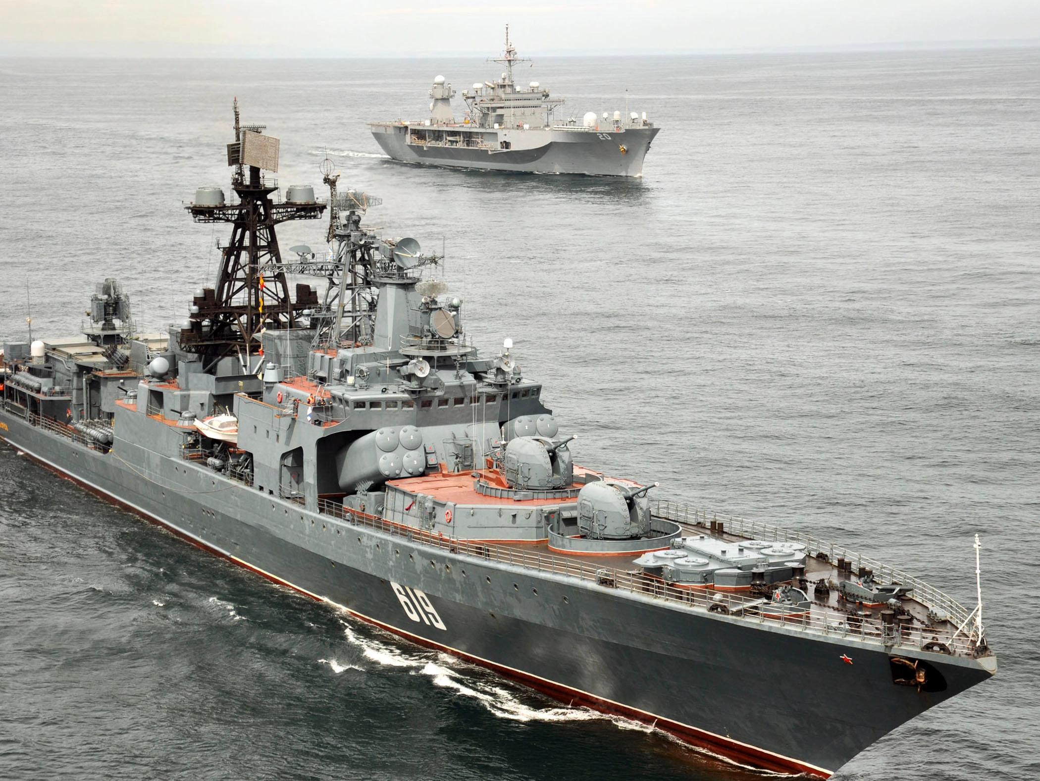 The Russian destroyer Severomorsk sails with the USS Mount Whitney (pictured in the rear) during joint exercises in July 2010. Photo: U.S. Navy